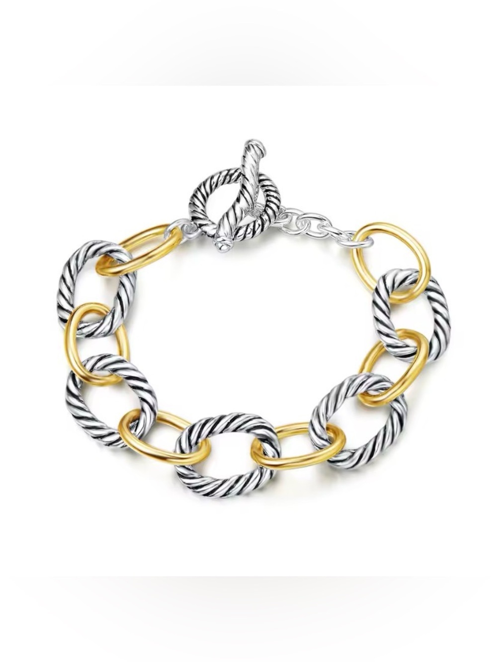 Solid 925 Sterling Silver Bicolor Chain Bracelet Toggle Clasp